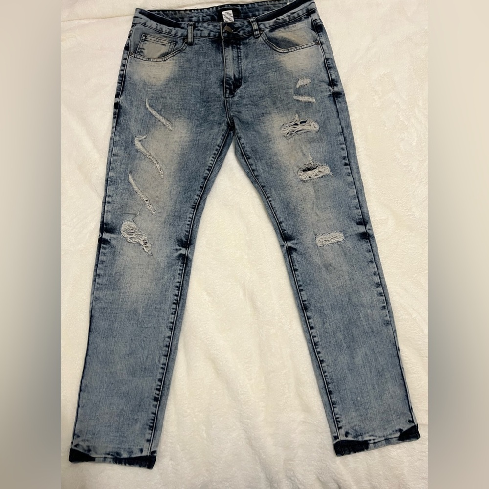 Bleecker & Mercer Men’s Light Dirty Wash Skinny Fit Distressed Jeans, Sz 34x30